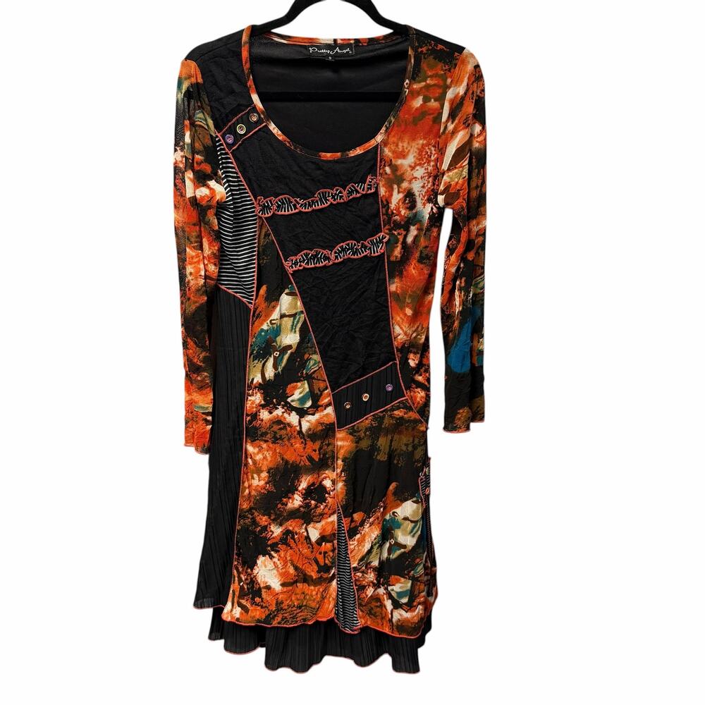 Pretty Angel Abstract Mixed Print Mesh Accent Orange Black Dress Womens Small